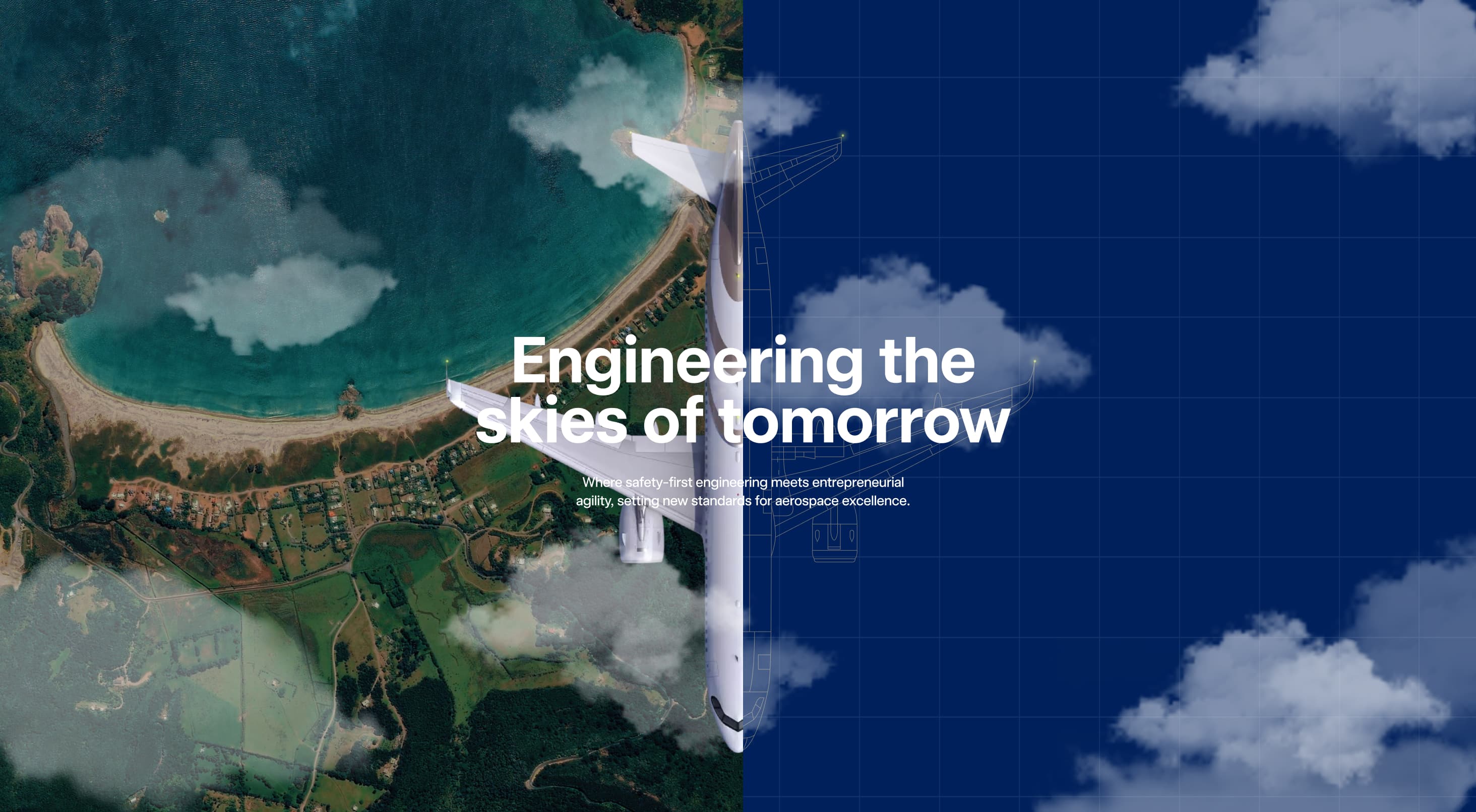 The Critical FlyTech homepage, "Engineering the skies of tomorrow", with an aircraft flying over a coastline seen from above