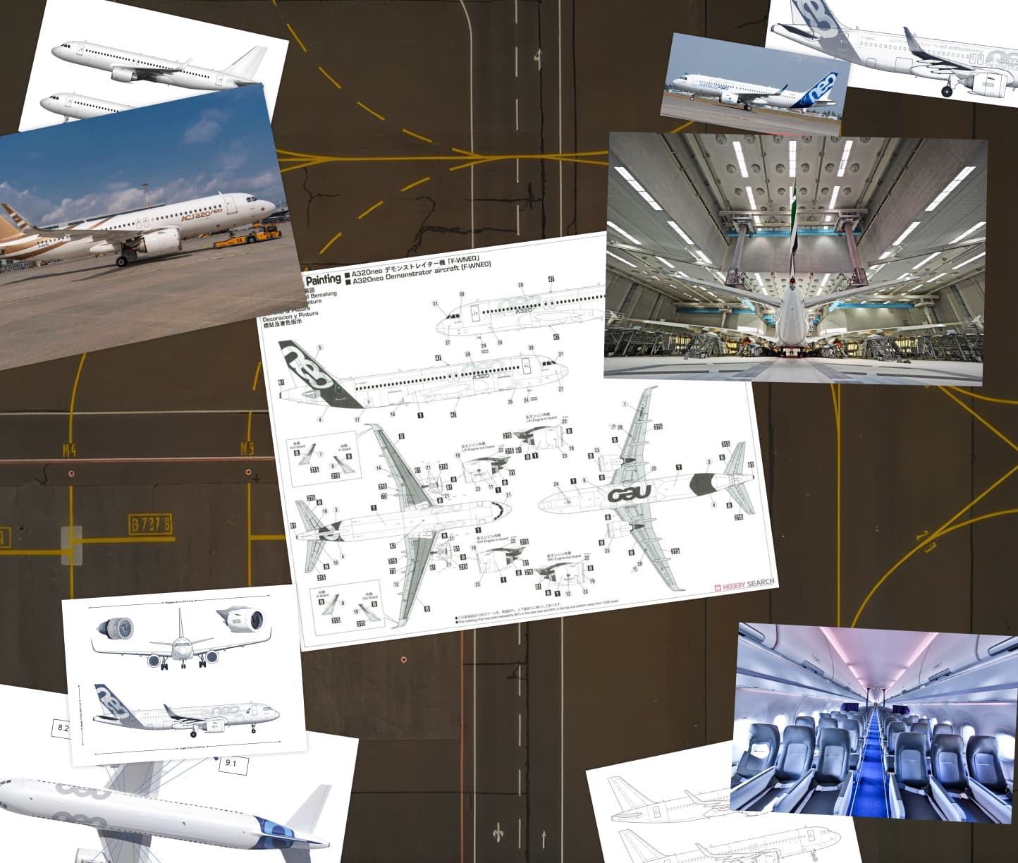 Aircraft photos and technical drawings laid out on a runway, from the Critical FlyTech website