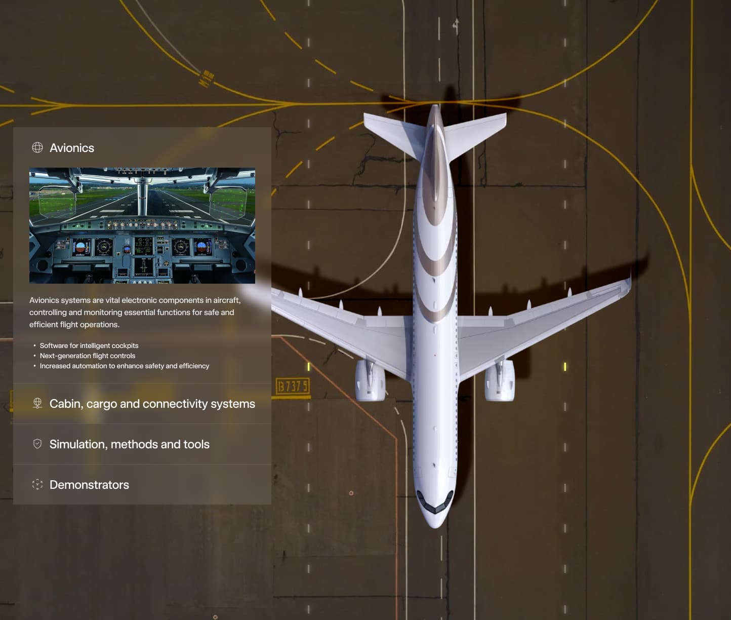Top-down view of an aircraft on a runway beside the Avionics panel of the Critical FlyTech website