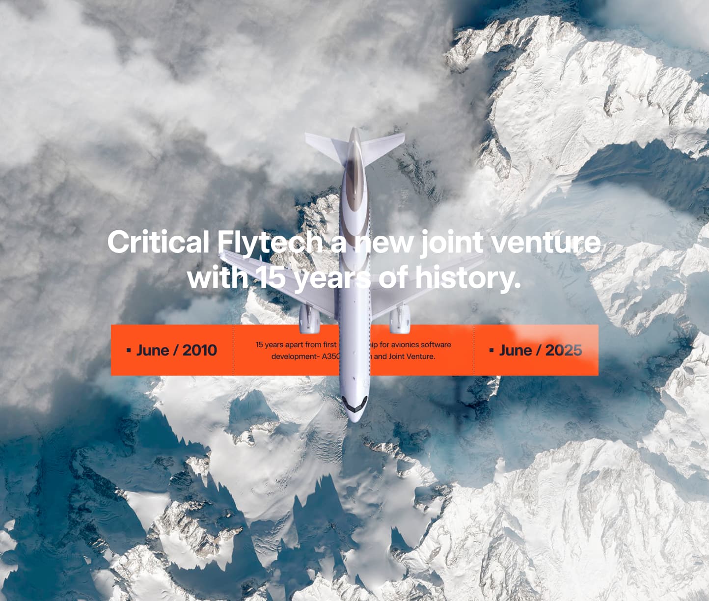 An aircraft above snow-capped peaks on the Critical FlyTech website, with a June 2010 to June 2025 timeline of the partnership