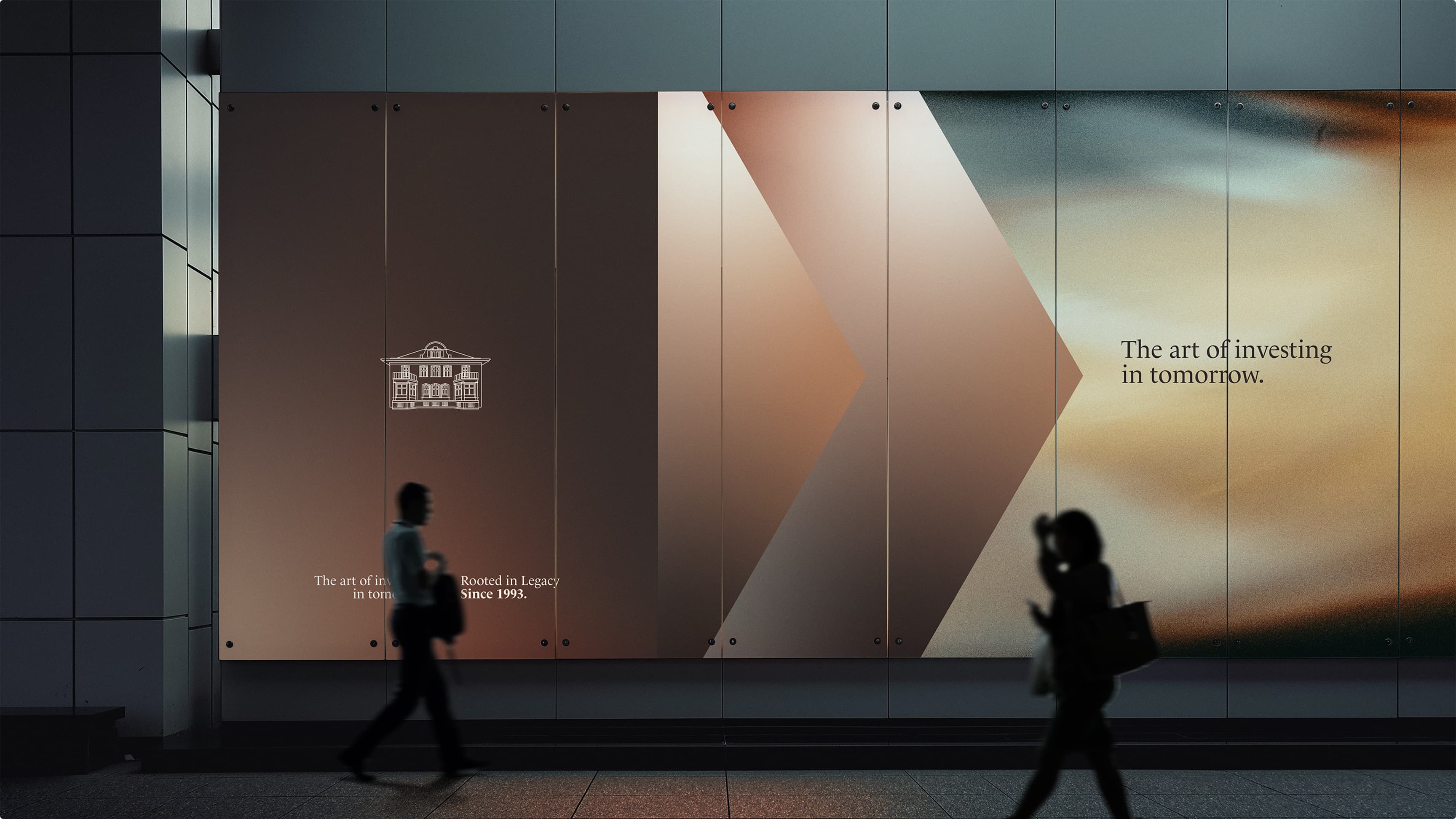 ISP Group billboard on a city street with the line "The art of investing in tomorrow", as two people walk past