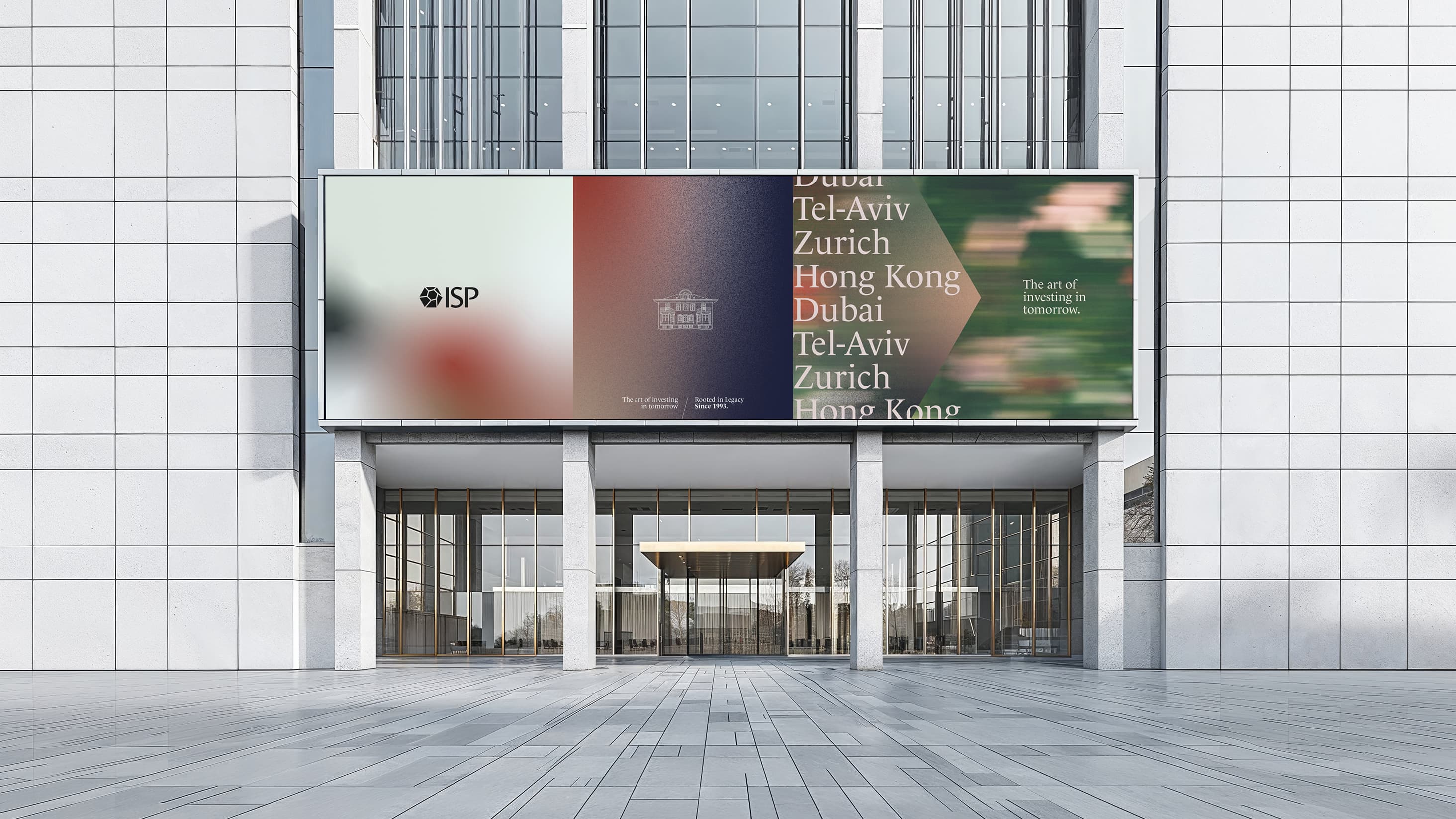 ISP Group billboard on an office building facade, with the emblem, gradients and the office cities
