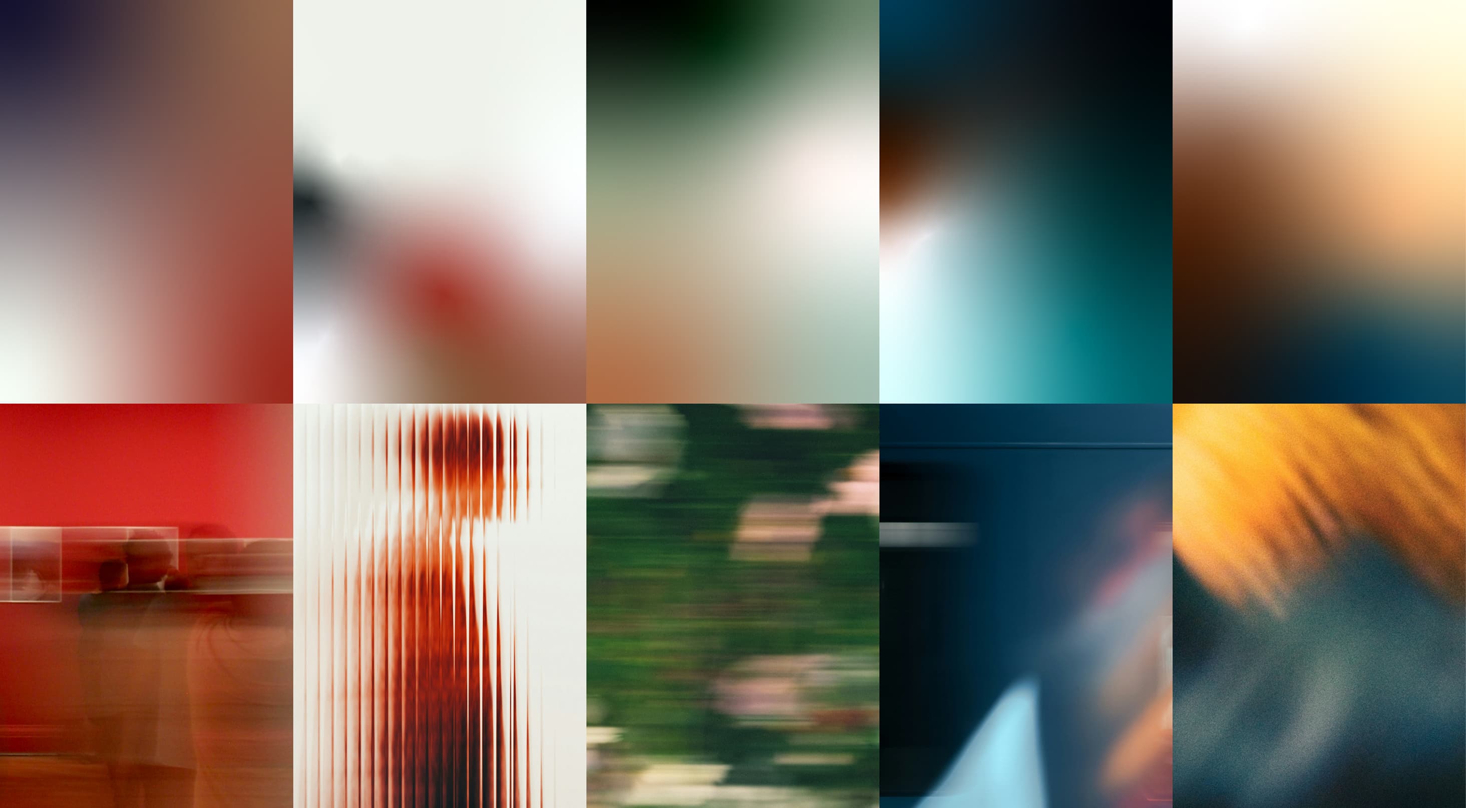 Grid of ten blurred photographic textures in red, green, teal and amber, the image palette of the ISP Group identity