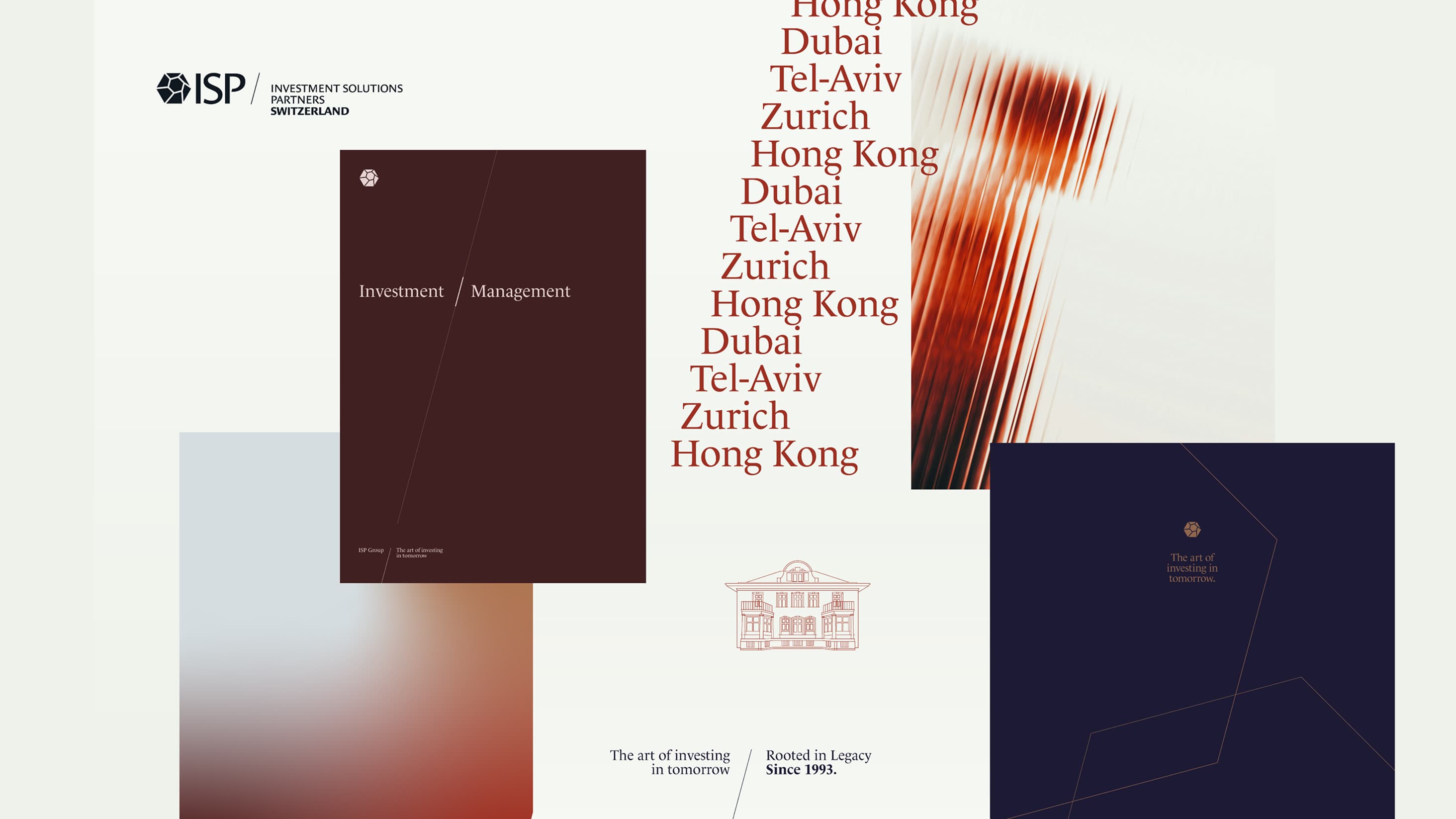 ISP Group identity overview: logo, Investment Management cover, the house emblem and the cities Zurich, Dubai, Tel-Aviv and Hong Kong