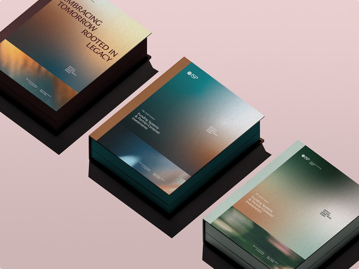 Three ISP Group boxes with gradient covers and the line "Embracing tomorrow, rooted in legacy", on a pink background