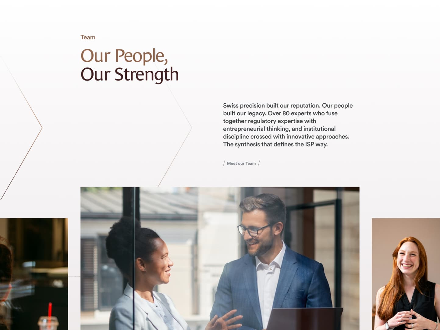 ISP Group website team page, "Our People, Our Strength", with photos of the team