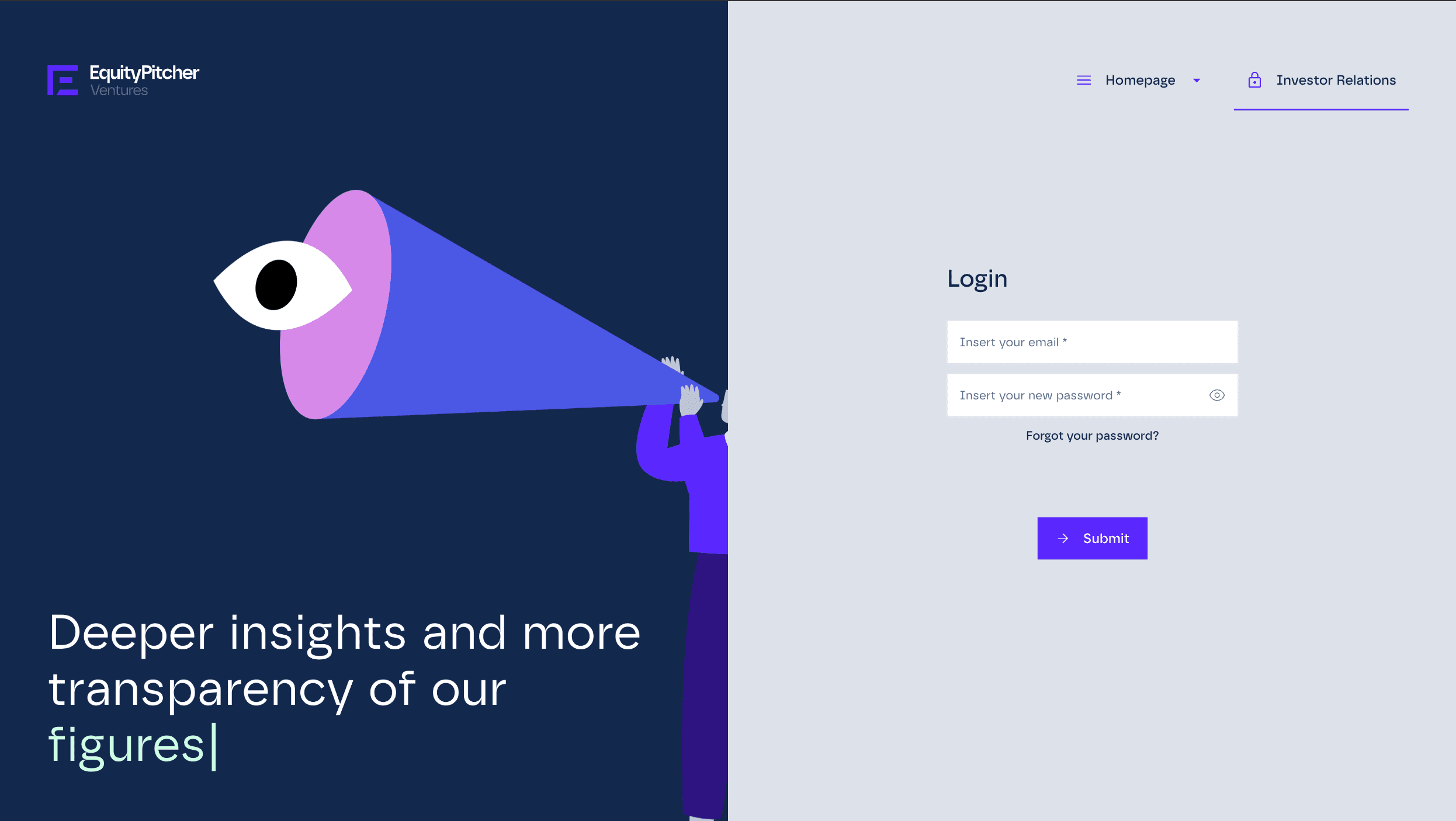 Login screen of the EquityPitcher Ventures investor relations platform