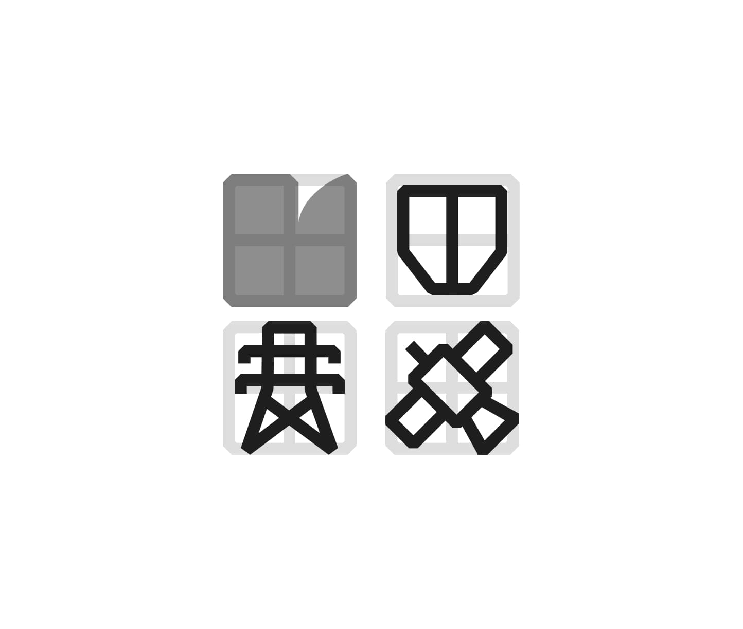Four Critical Software icons built on a modular grid: layers, a shield, a power pylon and a satellite