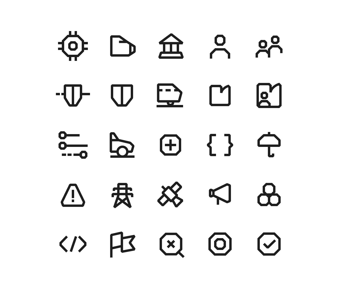 The Critical Software icon set: 25 line icons for industries, people and interface actions
