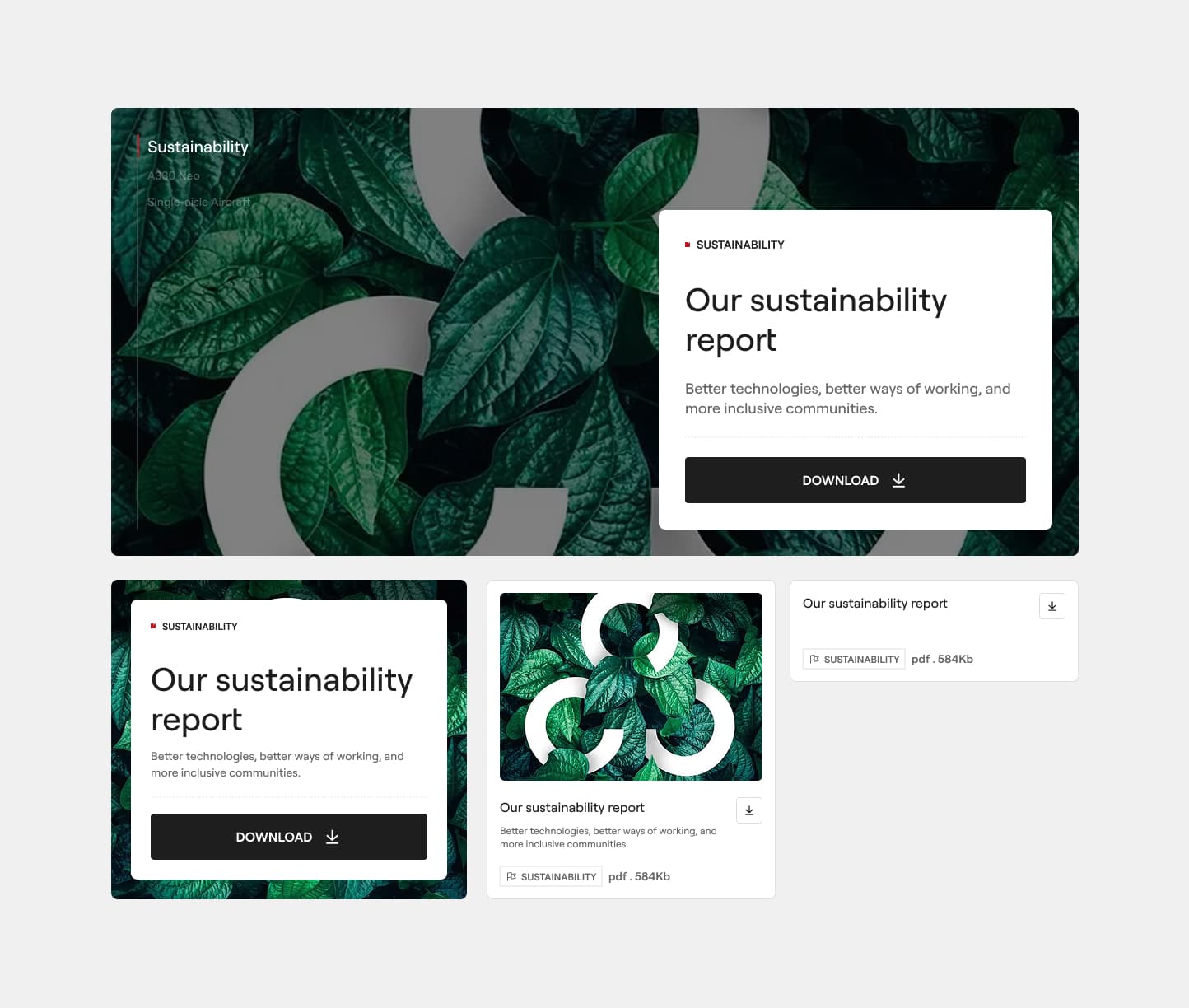 The sustainability report component in four sizes from the Critical Software design system