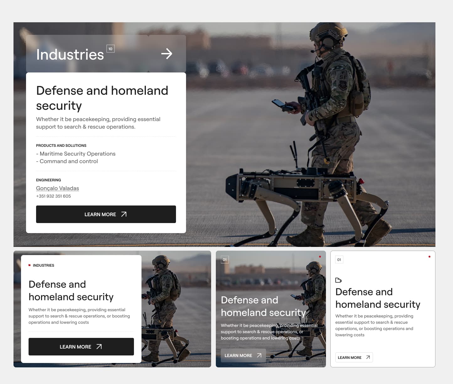 The defense and homeland security card in four layouts from the Critical Software design system