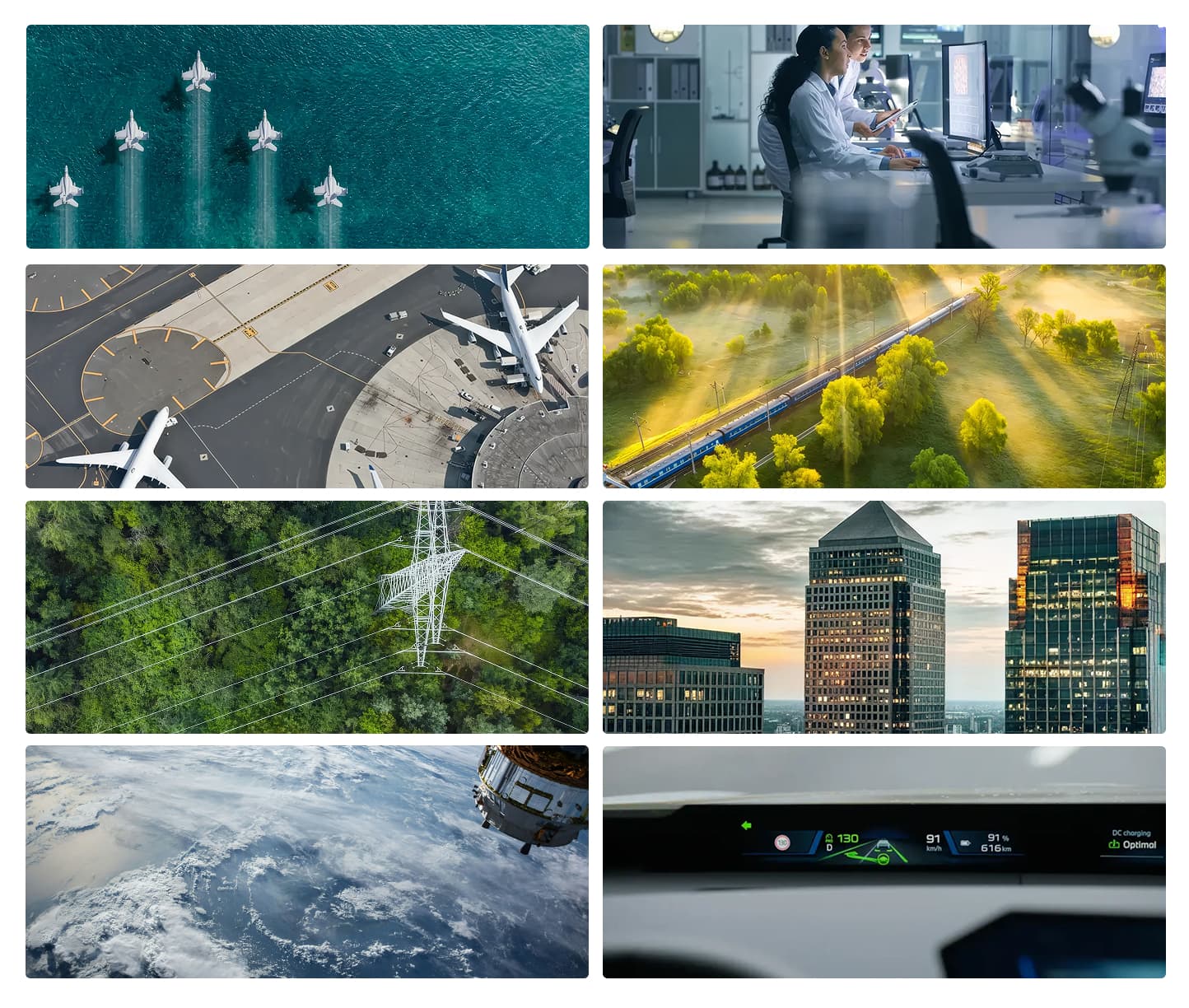 Critical Software brand photography: fighter jets, a lab, an airport, a train, power lines, city towers, a satellite and a car dashboard