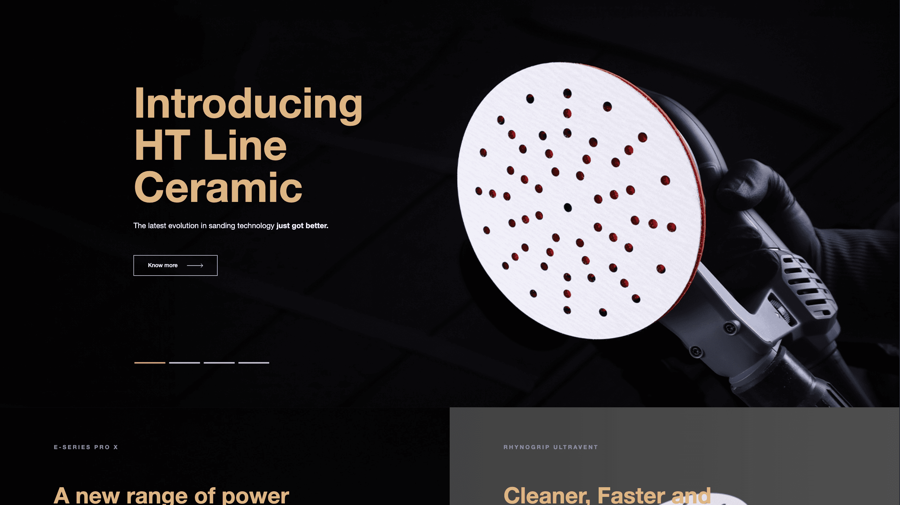 Indasa website: 'Introducing HT Line Ceramic' beside a sanding disc on a power sander