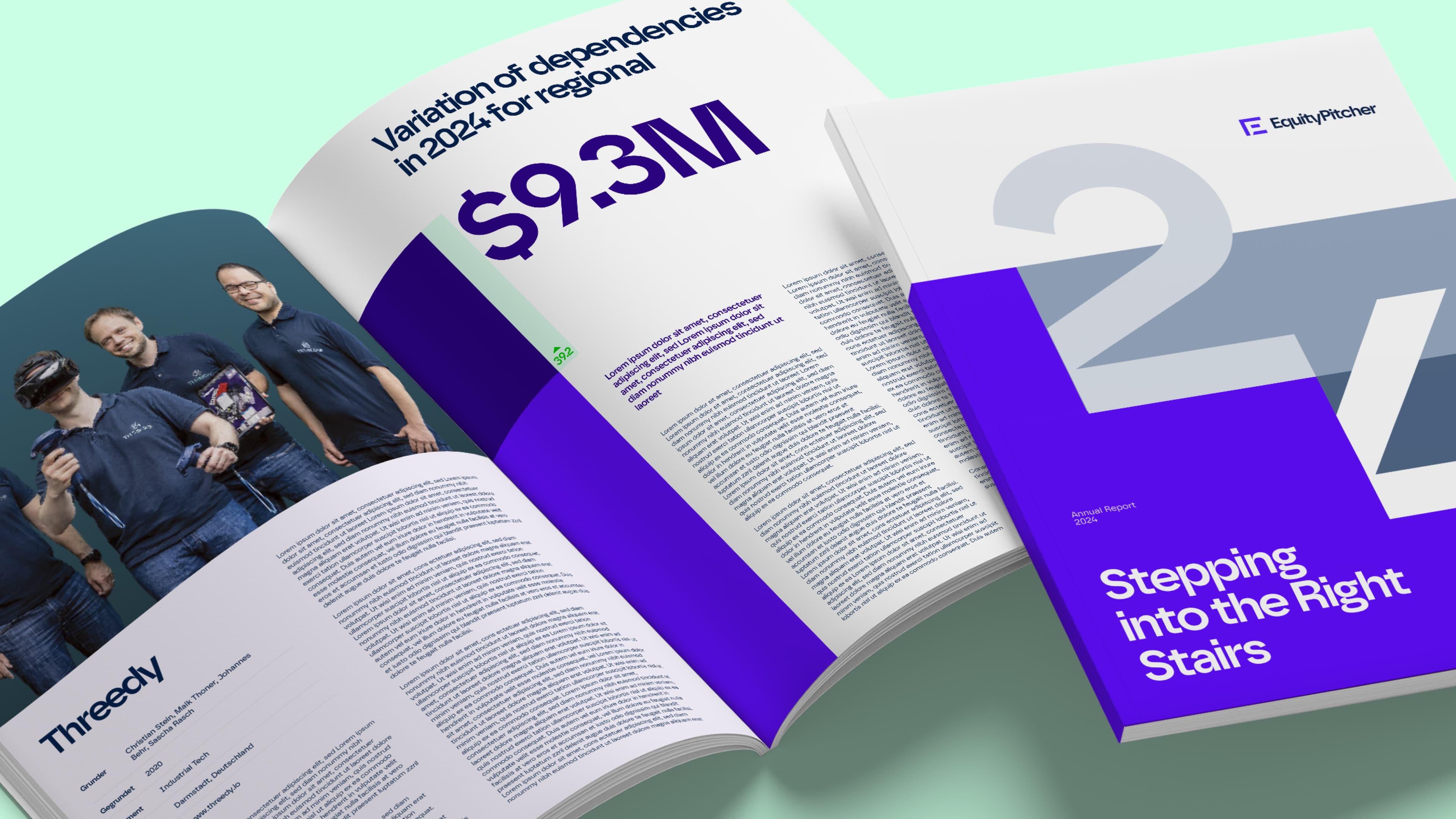 Open EquityPitcher report beside a cover reading "Stepping into the Right Stairs"