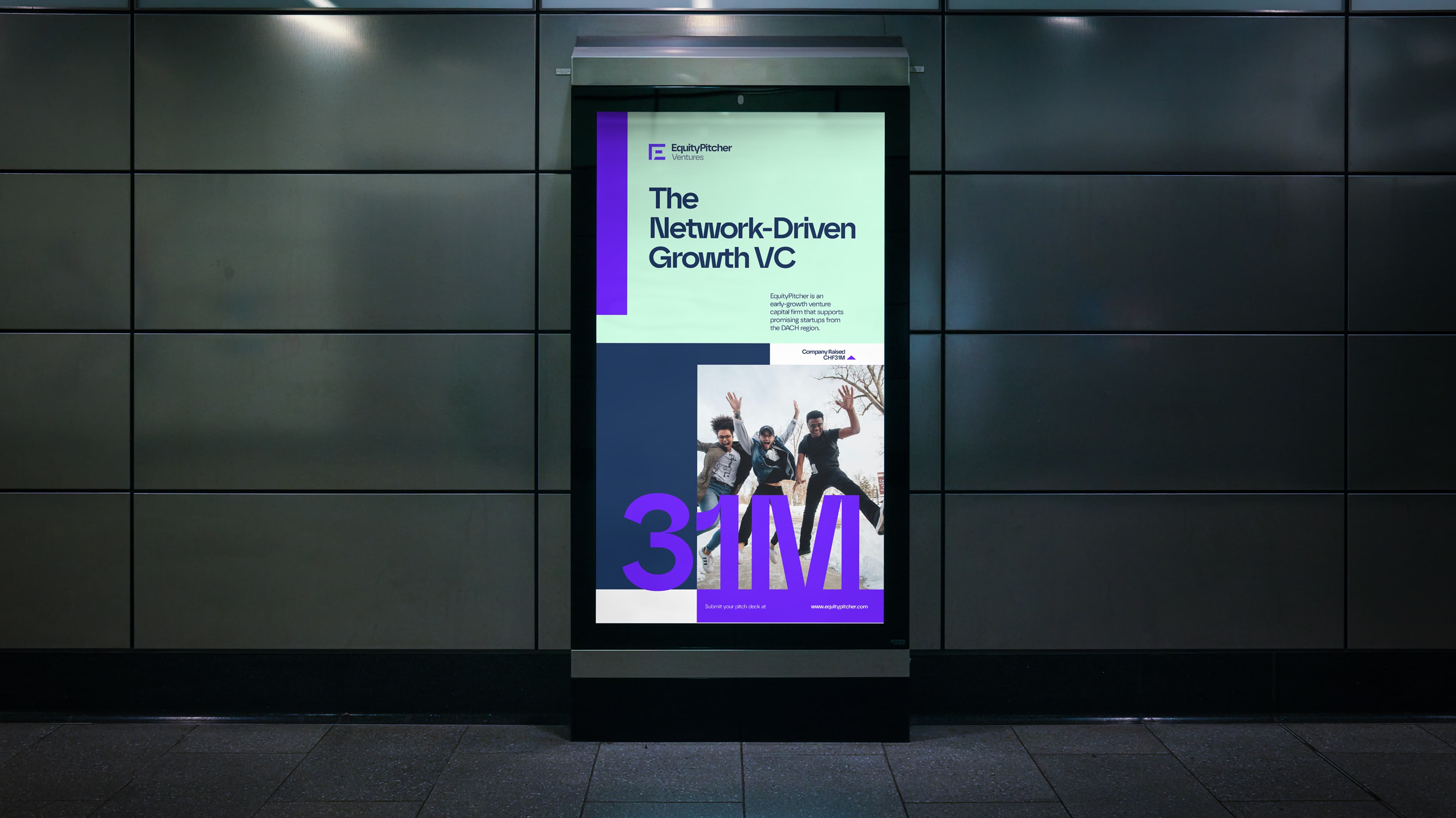 EquityPitcher poster in a subway station, "The Network-Driven Growth VC", with a team photo