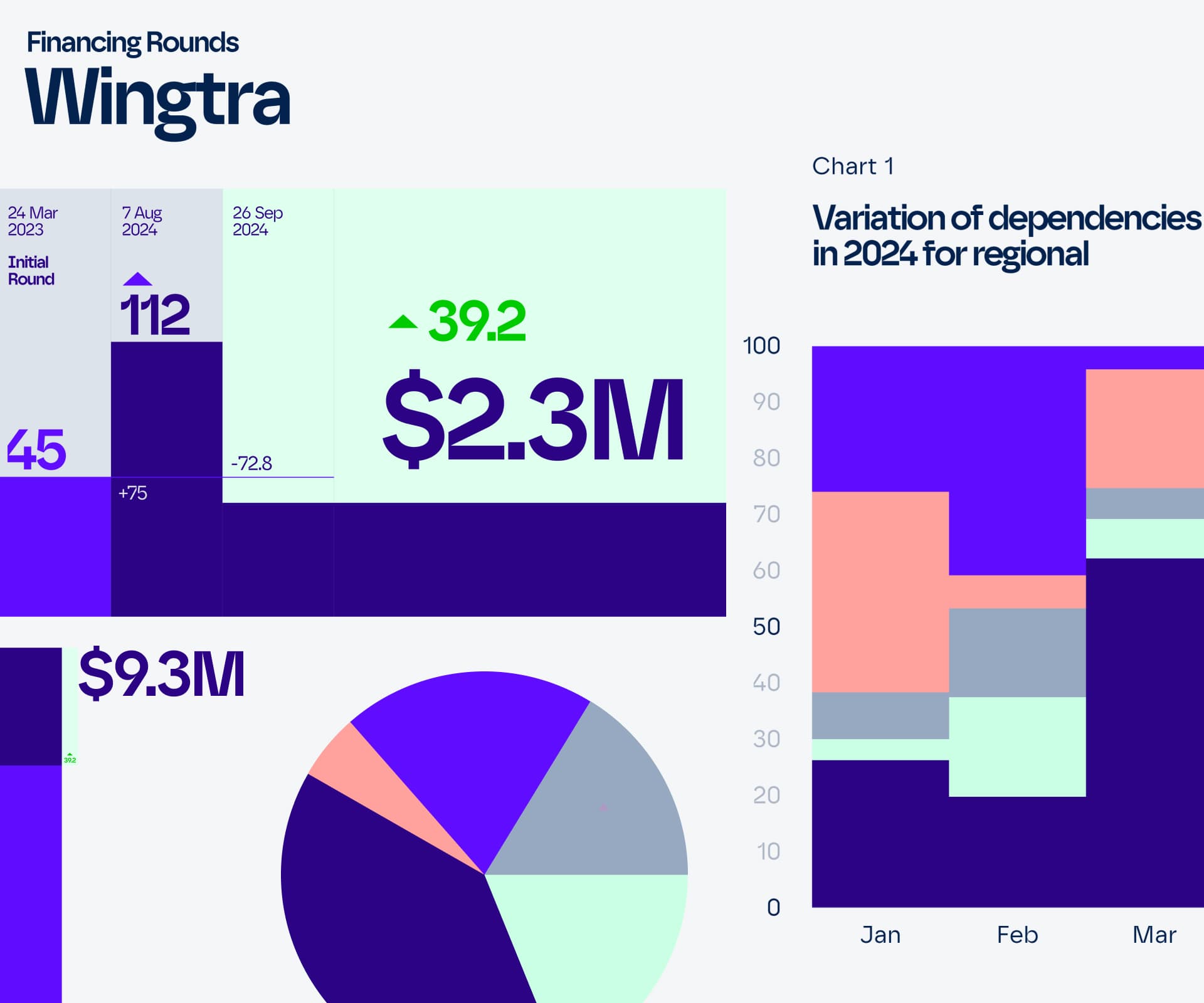 EquityPitcher report pages with financing round charts and a pie chart