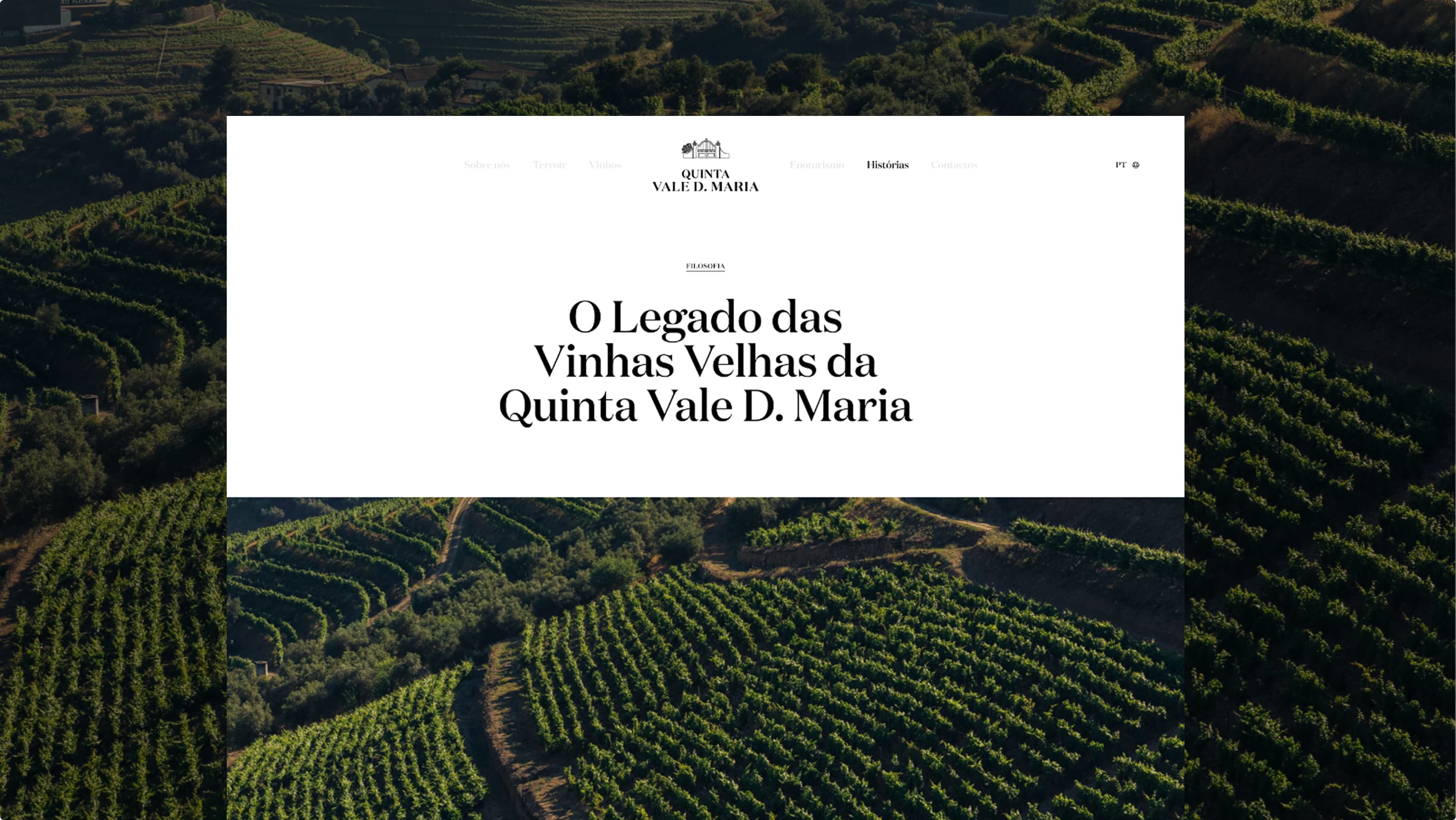 The Quinta Vale D. Maria website hero, "O Legado das Vinhas Velhas", over terraced Douro vineyards