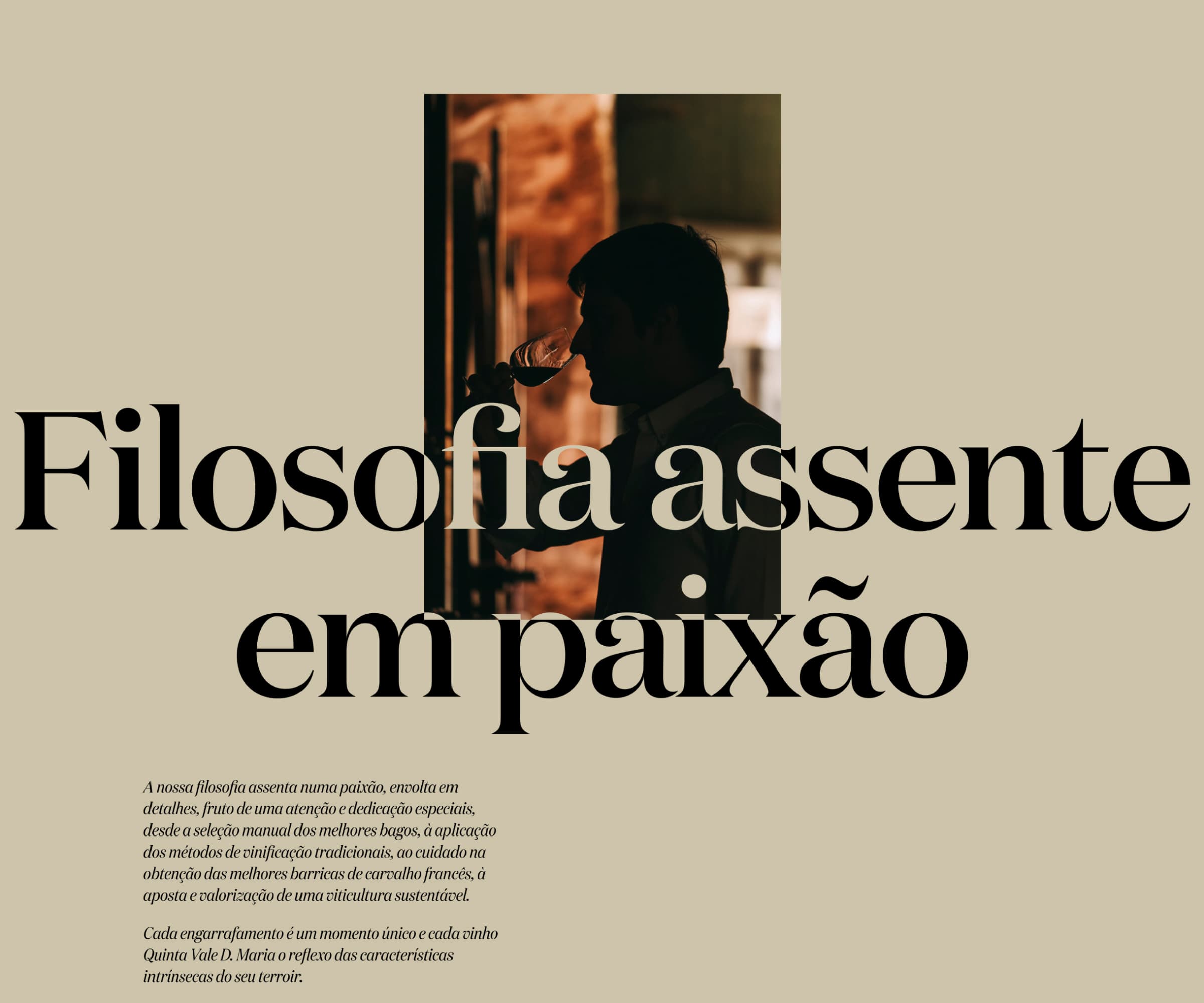 A Quinta Vale D. Maria website page with the headline "Filosofia assente em paixão" over a man tasting wine