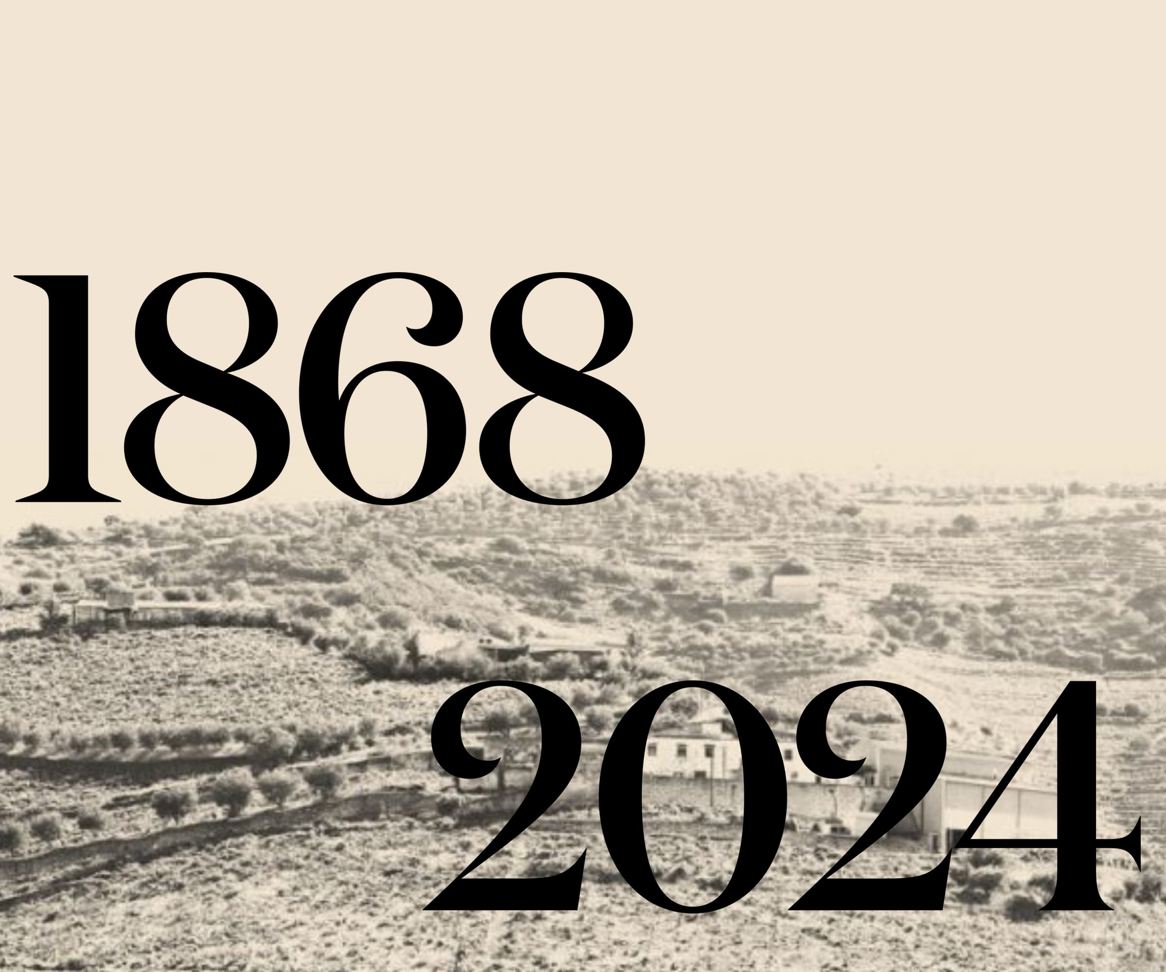 The years 1868 and 2024 over an old photograph of the Douro valley, from the Quinta Vale D. Maria website
