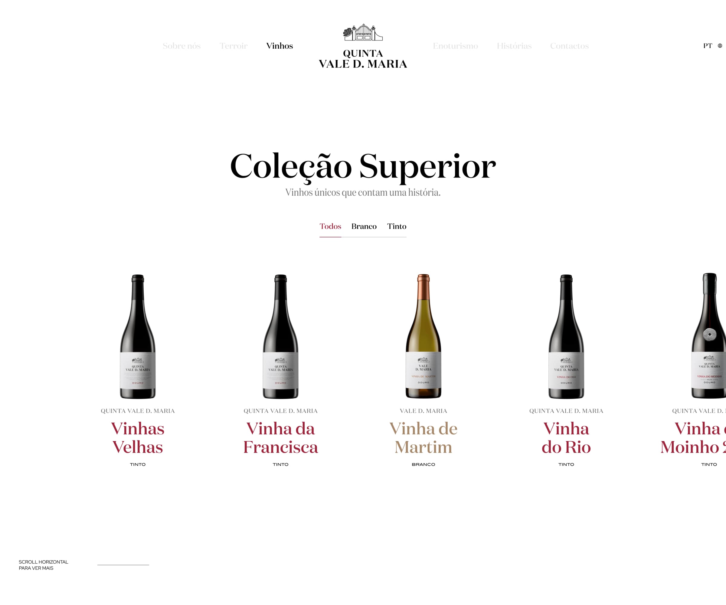 The Coleção Superior page of the Quinta Vale D. Maria website, with five bottles side by side